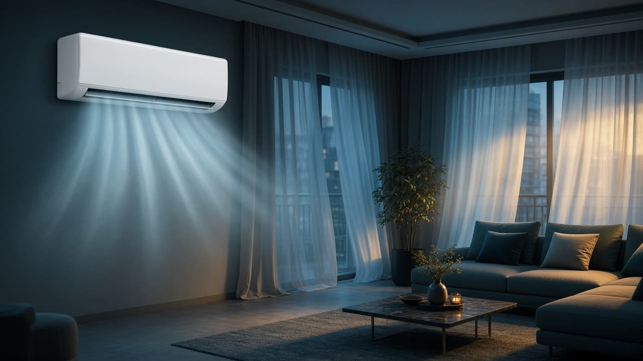 Sunlit living room cooled by a split AC